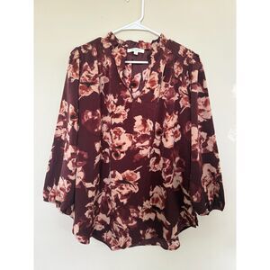 Monday Fun Burgundy Plum & Blush Floral Ruffle Collar Blouse - Size XL